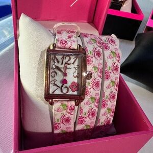 Betsey Johnson Floral Double Wrap Strap Pink Watch